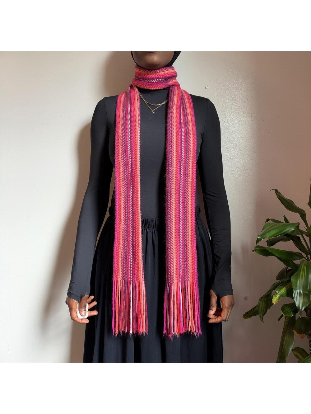 Y2K Striped Long Knit Scarf Pink Red Purple Fringe